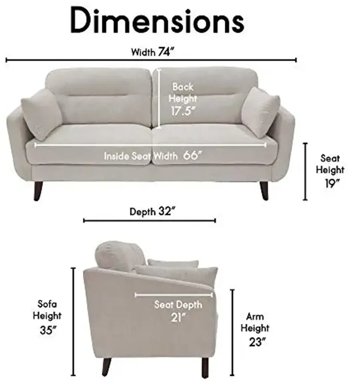 Serta Sierra Living Room Modern Design Microfiber Upholstered Couch Ideal for Smaller Spaces, 73" Sofa, Ivory