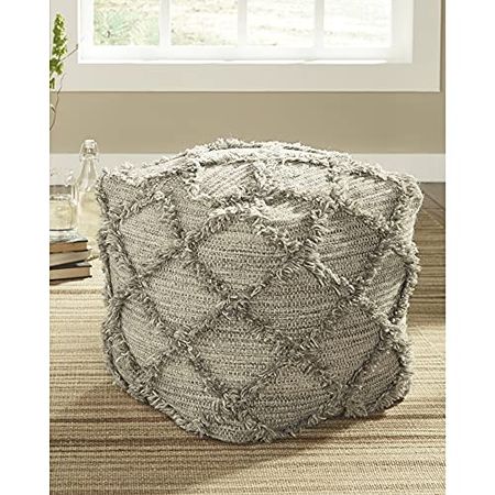 Signature Design by Ashley Adelphie Chevron Natural Wool Pouf, 16 x 16 In, Neutral Gray
