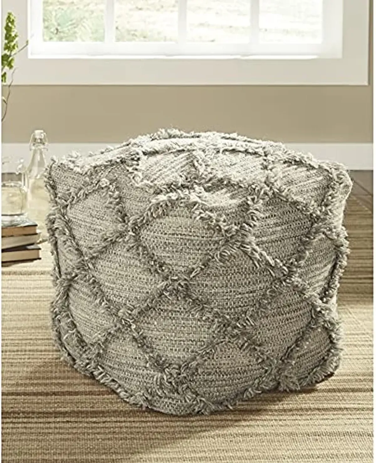 Signature Design by Ashley Adelphie Chevron Natural Wool Pouf, 16 x 16 In, Neutral Gray