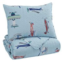 Signature Design by Ashley McAllen Contemporary Airplane & Helicopter Design Twin Quilt with One Pillow Sham Set, Blue Red, Green