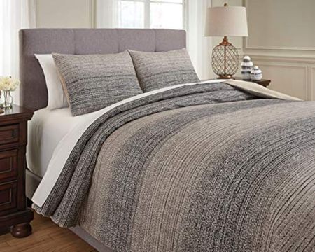 Signature Design by Ashley Arturo Traditional Striped Design Queen Duvet Cover with Two Shams Set, Gray, Brown