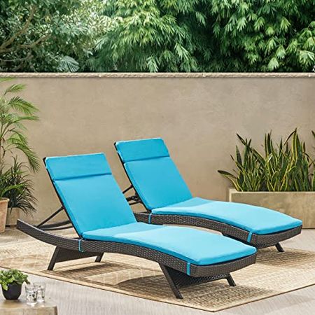 Christopher Knight Home Salem Outdoor Wicker Adjustable Chaise Lounges with Cushions, 2-Pcs Set, Multibrown / Blue