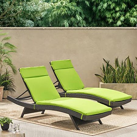 Christopher Knight Home Salem Outdoor Wicker Adjustable Chaise Lounges with Cushions, 2-Pcs Set, Multibrown / Bright Green