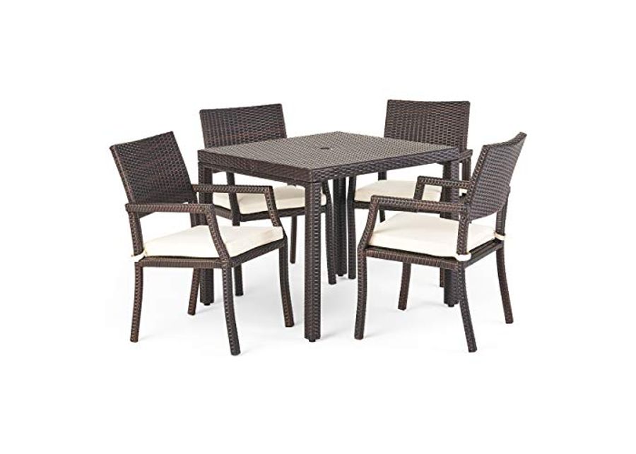 Christopher Knight Home Rhode Island Outdoor Wicker Rectangular Dining Set, 5-Pcs Set, Multibrown / White