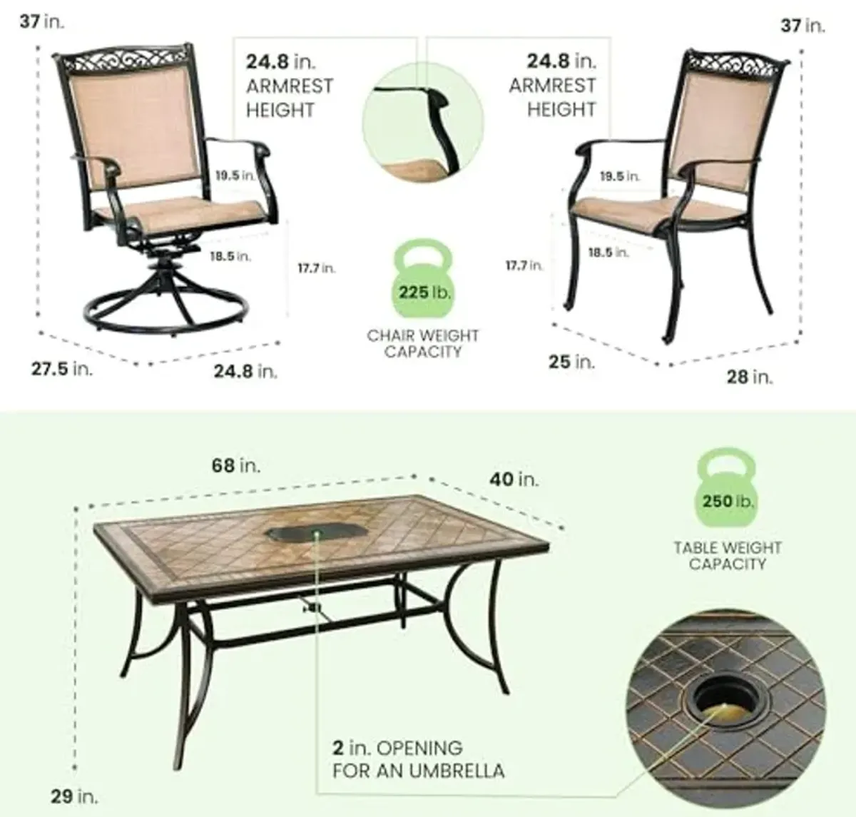 Hanover Fontana 7-Piece Patio Dining Set, Rust Resistant Aluminum Outdoor Dining Set for 6 with 2 Swivel Rockers, 4 Stationary Dining Chairs, and a Large Tile-Top Dining Table