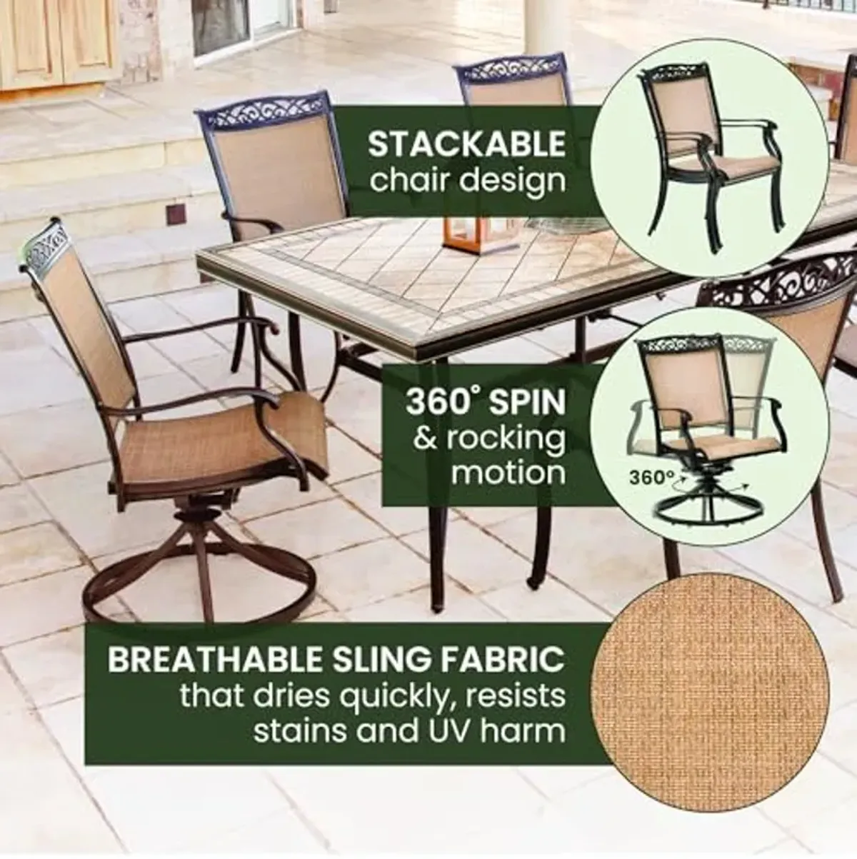 Hanover Fontana 7-Piece Patio Dining Set, Rust Resistant Aluminum Outdoor Dining Set for 6 with 2 Swivel Rockers, 4 Stationary Dining Chairs, and a Large Tile-Top Dining Table