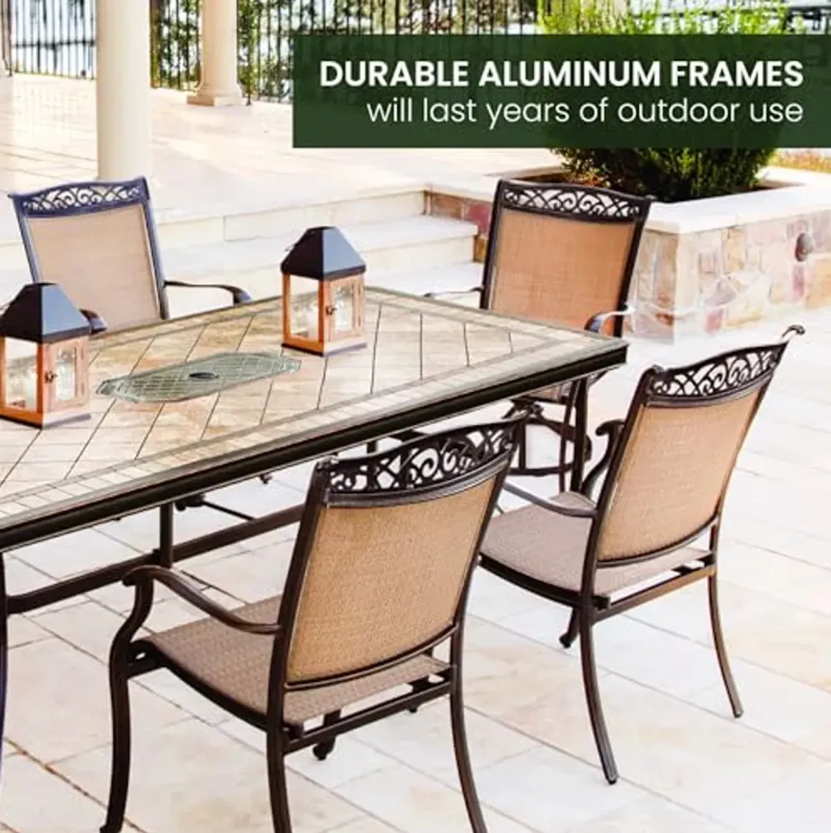 Hanover Fontana 7-Piece Patio Dining Set, Rust Resistant Aluminum Outdoor Dining Set for 6 with 2 Swivel Rockers, 4 Stationary Dining Chairs, and a Large Tile-Top Dining Table