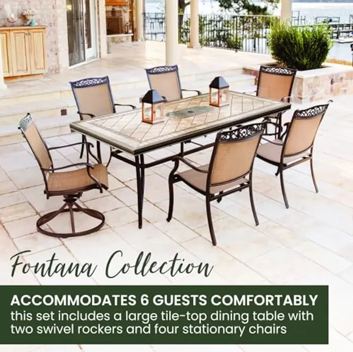 Hanover Fontana 7-Piece Patio Dining Set, Rust Resistant Aluminum Outdoor Dining Set for 6 with 2 Swivel Rockers, 4 Stationary Dining Chairs, and a Large Tile-Top Dining Table