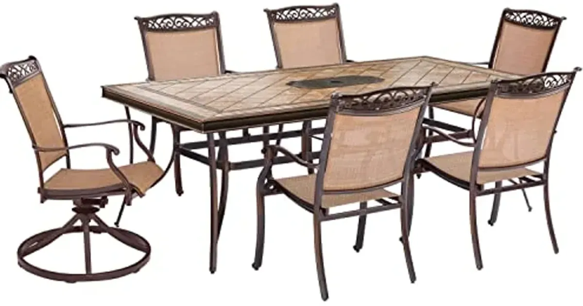 Hanover Fontana 7-Piece Patio Dining Set, Rust Resistant Aluminum Outdoor Dining Set for 6 with 2 Swivel Rockers, 4 Stationary Dining Chairs, and a Large Tile-Top Dining Table