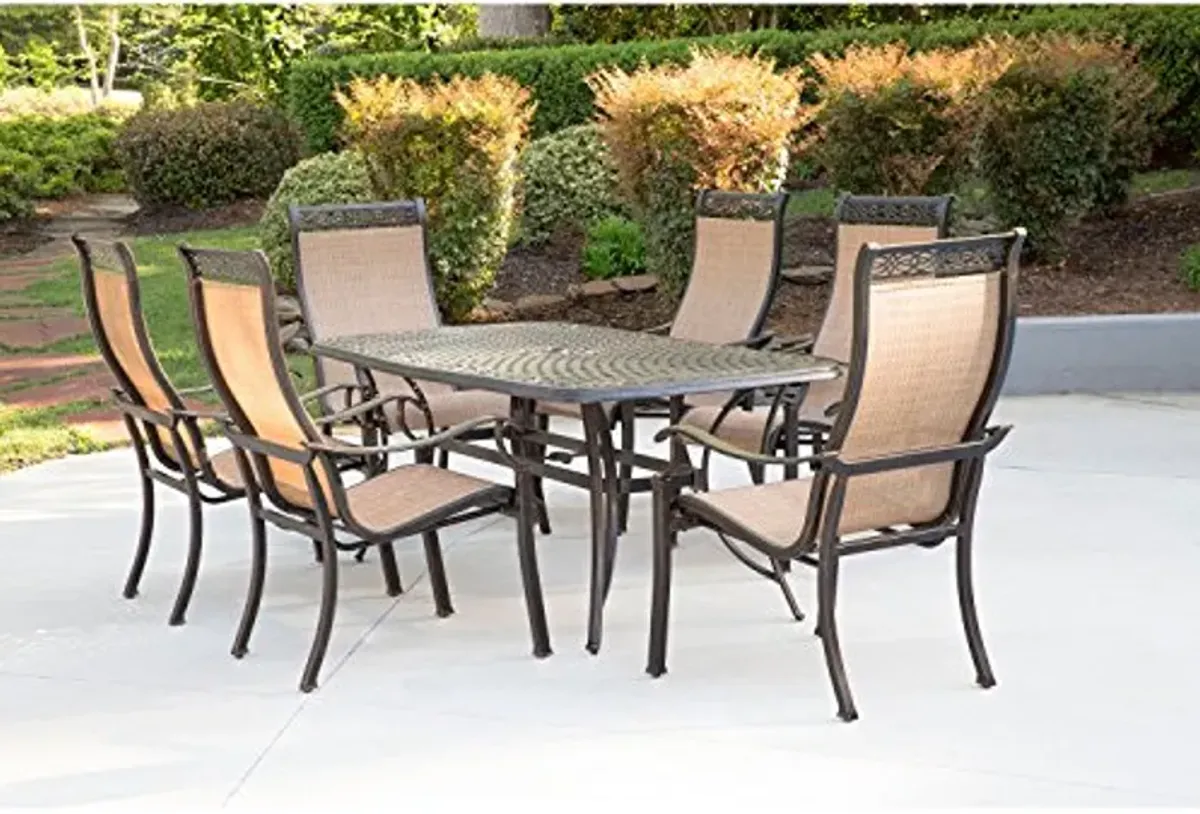 Hanover Manor 7-Piece Outdoor, Rust Resistant Set for 6 with Contoured Back Sling Chairs and Aluminum Rectangular Dining Table for Backyard, Deck, Patio, Porch, 7PC, Tan