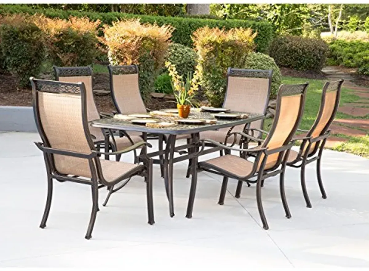 Hanover Manor 7-Piece Outdoor, Rust Resistant Set for 6 with Contoured Back Sling Chairs and Aluminum Rectangular Dining Table for Backyard, Deck, Patio, Porch, 7PC, Tan