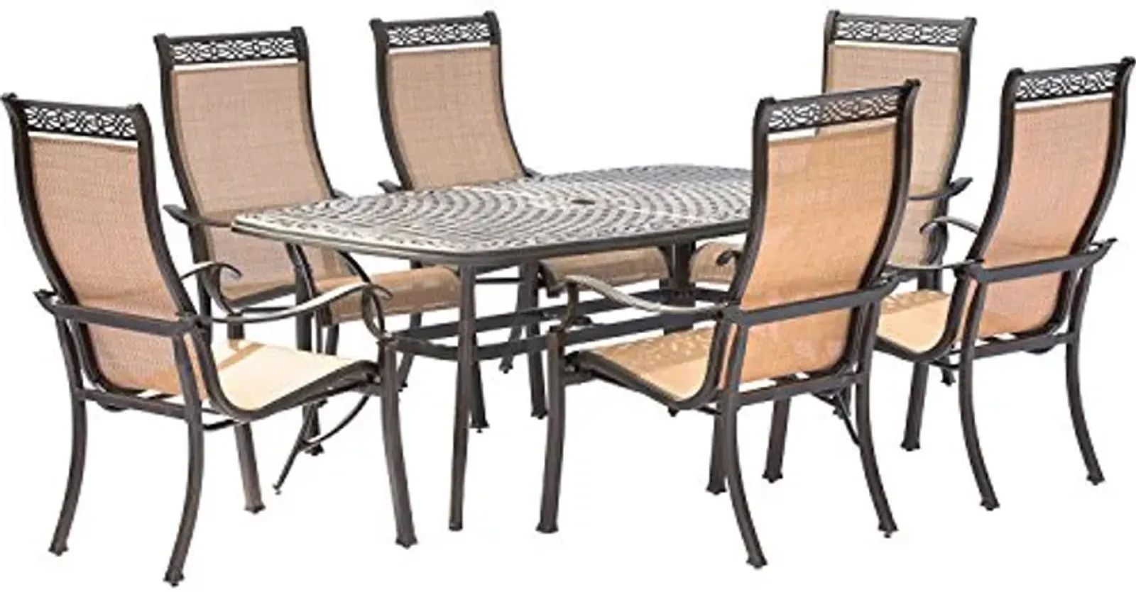 Hanover Manor 7-Piece Outdoor, Rust Resistant Set for 6 with Contoured Back Sling Chairs and Aluminum Rectangular Dining Table for Backyard, Deck, Patio, Porch, 7PC, Tan