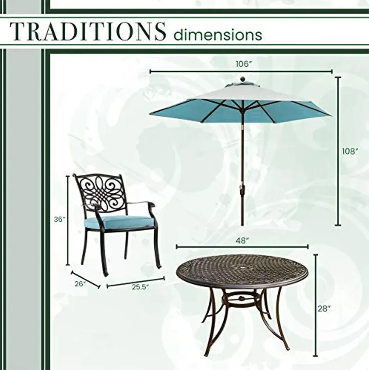 Hanover 5-Piece Traditions 48" Cast-Top Aluminum Table, 4 Cushioned Outdoor Chairs, Umbrella Stand, Weather-Resistant Patio Dining Set, Blue