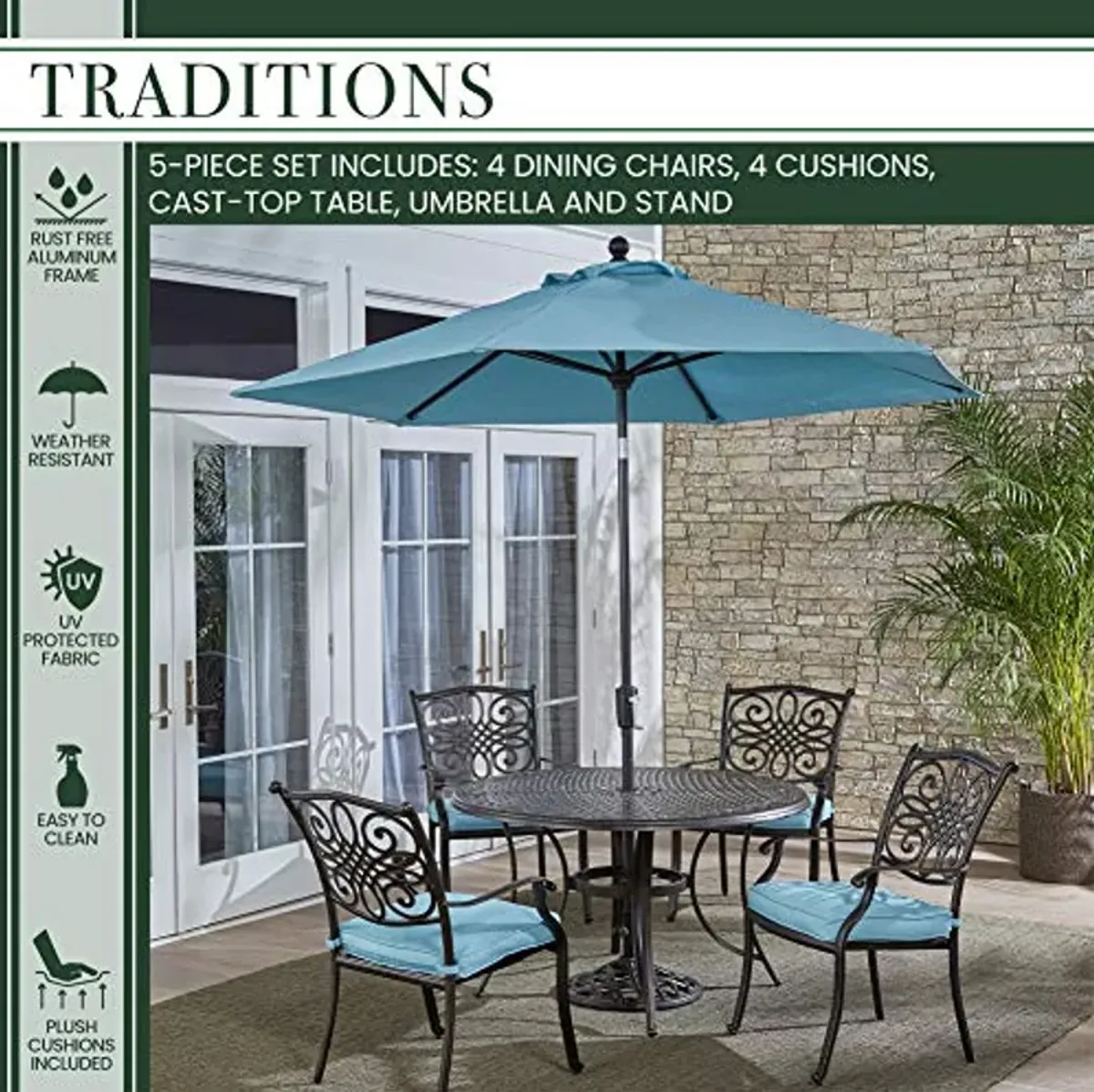 Hanover 5-Piece Traditions 48" Cast-Top Aluminum Table, 4 Cushioned Outdoor Chairs, Umbrella Stand, Weather-Resistant Patio Dining Set, Blue