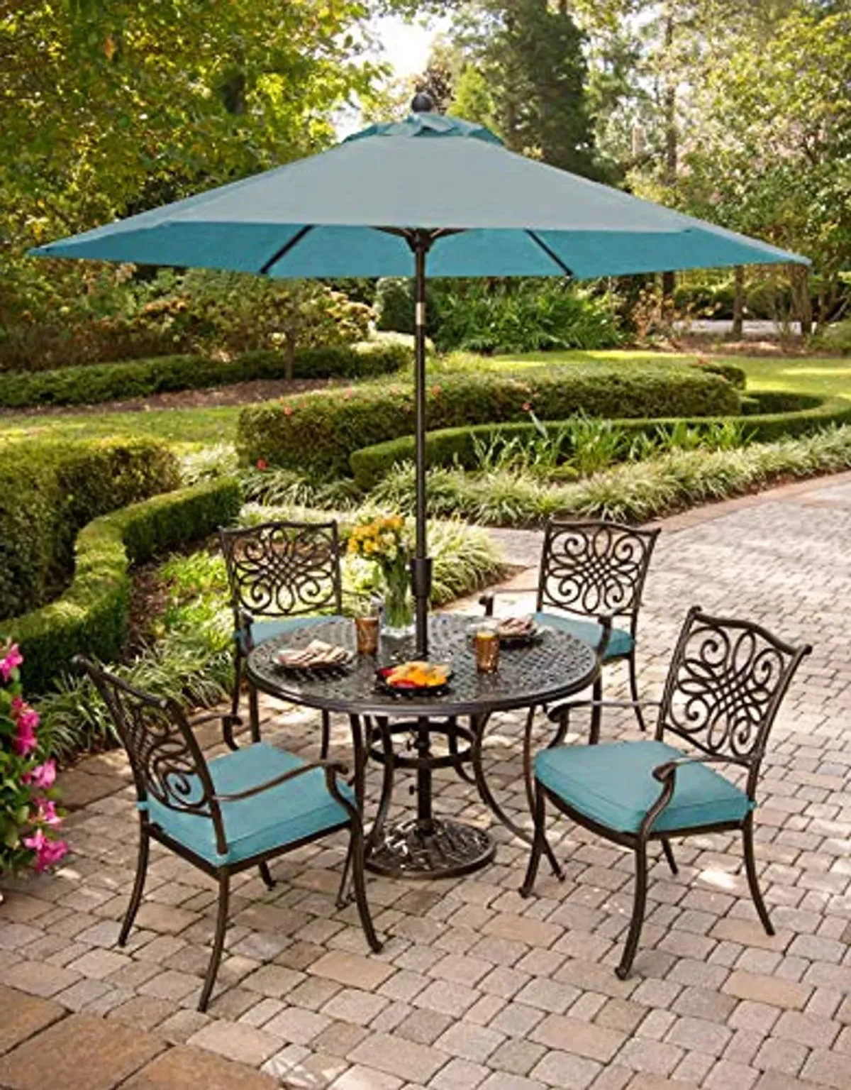 Hanover 5-Piece Traditions 48" Cast-Top Aluminum Table, 4 Cushioned Outdoor Chairs, Umbrella Stand, Weather-Resistant Patio Dining Set, Blue