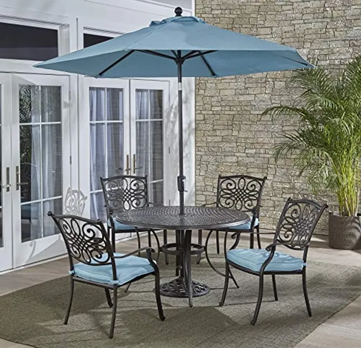 Hanover 5-Piece Traditions 48" Cast-Top Aluminum Table, 4 Cushioned Outdoor Chairs, Umbrella Stand, Weather-Resistant Patio Dining Set, Blue