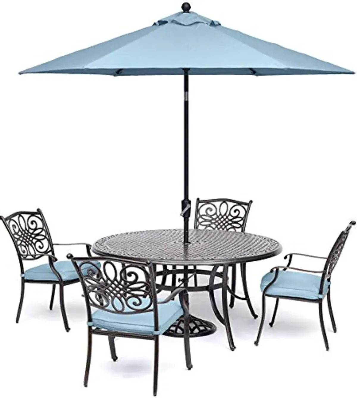 Hanover 5-Piece Traditions 48" Cast-Top Aluminum Table, 4 Cushioned Outdoor Chairs, Umbrella Stand, Weather-Resistant Patio Dining Set, Blue