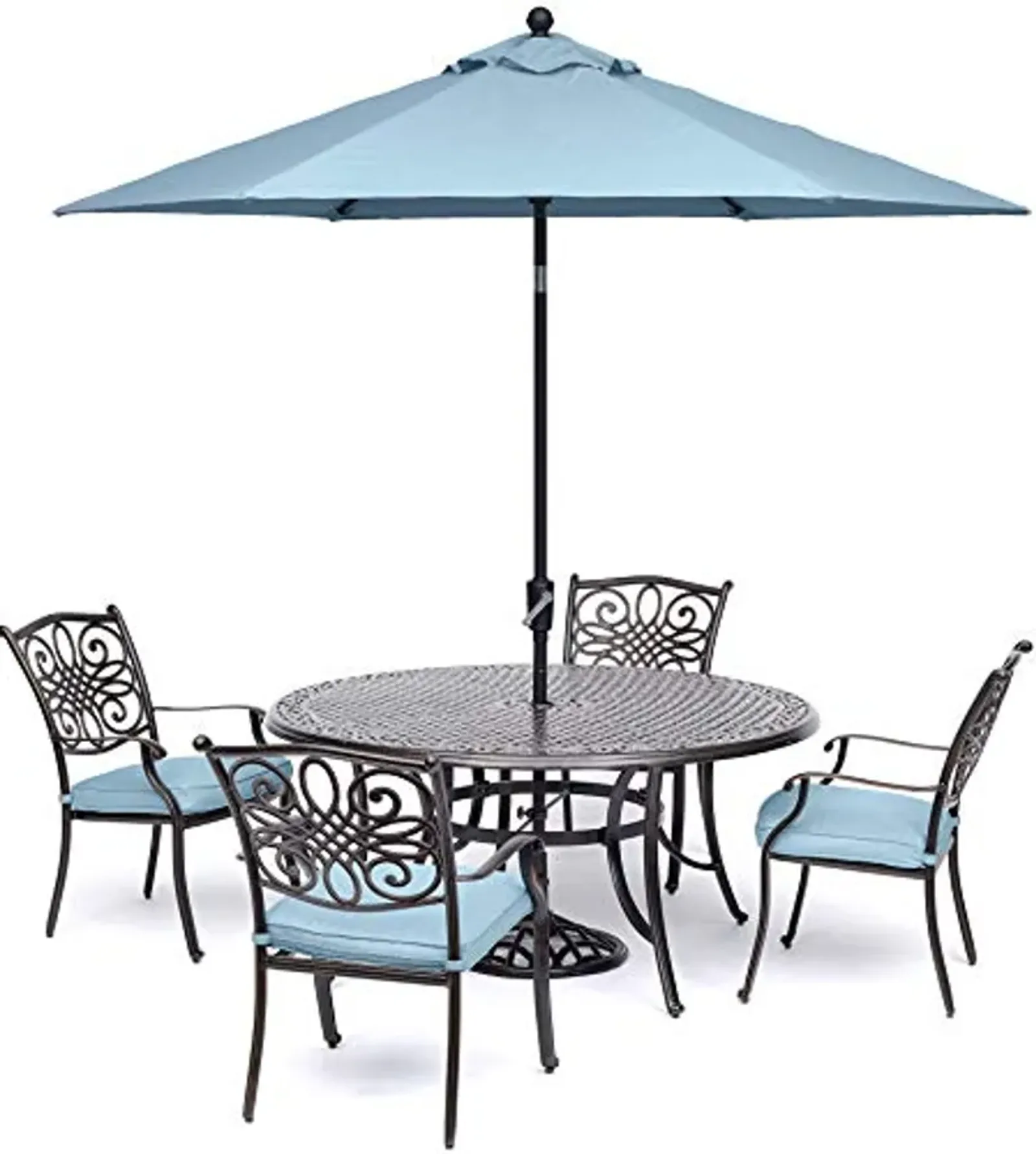 Hanover 5-Piece Traditions 48" Cast-Top Aluminum Table, 4 Cushioned Outdoor Chairs, Umbrella Stand, Weather-Resistant Patio Dining Set, Blue