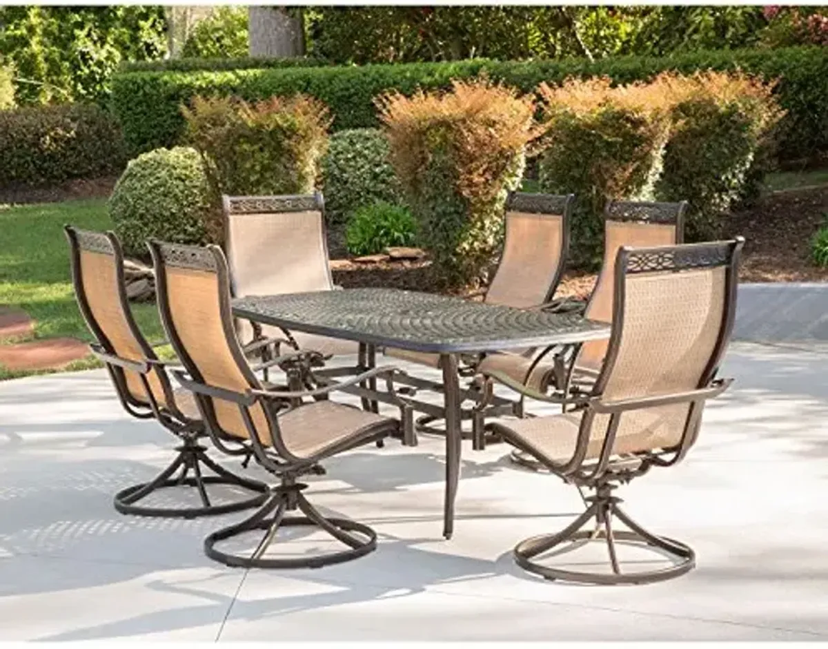 Hanover Manor 7-Piece Outdoor Dining Set with Cast-Top Aluminum Rectangular Table and 6 Tan PVC Sling 360 Degree Swivel Rockers, Weather-Resistant Patio Dining Set for 6 for Backyard, Deck, Porch