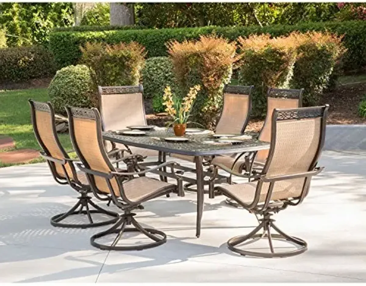 Hanover Manor 7-Piece Outdoor Dining Set with Cast-Top Aluminum Rectangular Table and 6 Tan PVC Sling 360 Degree Swivel Rockers, Weather-Resistant Patio Dining Set for 6 for Backyard, Deck, Porch