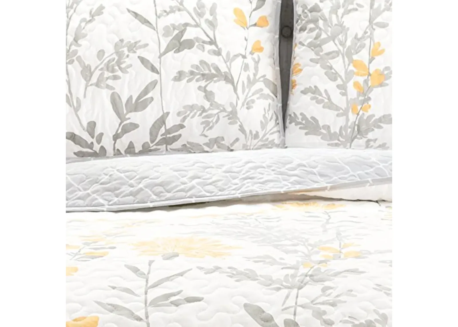 Lush Decor Full Queen-Yellow and Gray Aprile Reversible Quilt 3 Piece Floral Leaf Design Bedding Set