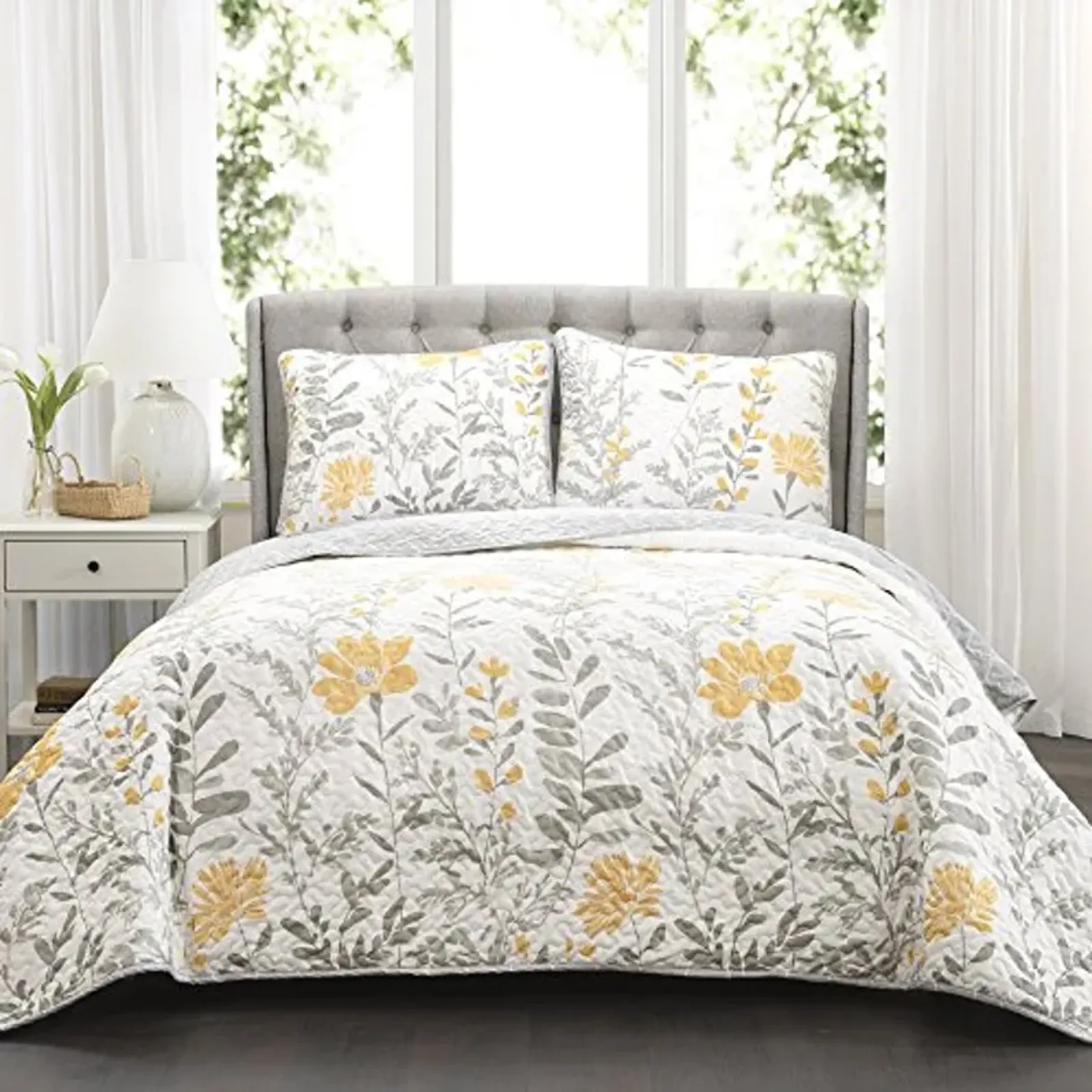 Lush Decor Full Queen-Yellow and Gray Aprile Reversible Quilt 3 Piece Floral Leaf Design Bedding Set