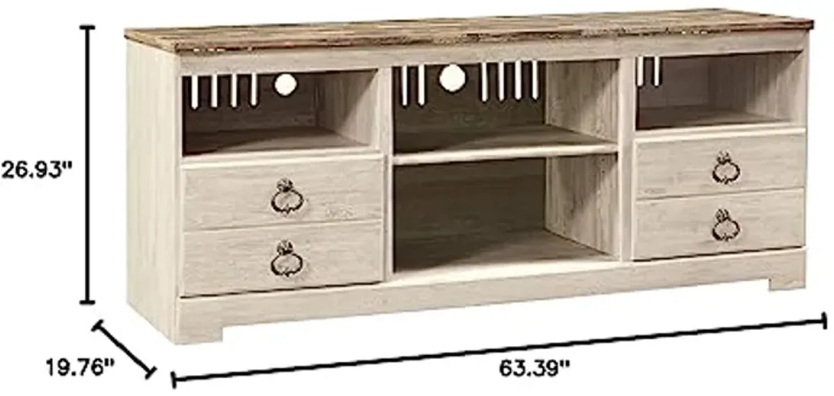 Signature Design by Ashley Willowton Farmhouse TV Stand With Fireplace Option Fits TVs up to 62" with 2 Drawers and 2 Storage Cubbies, Whitewash