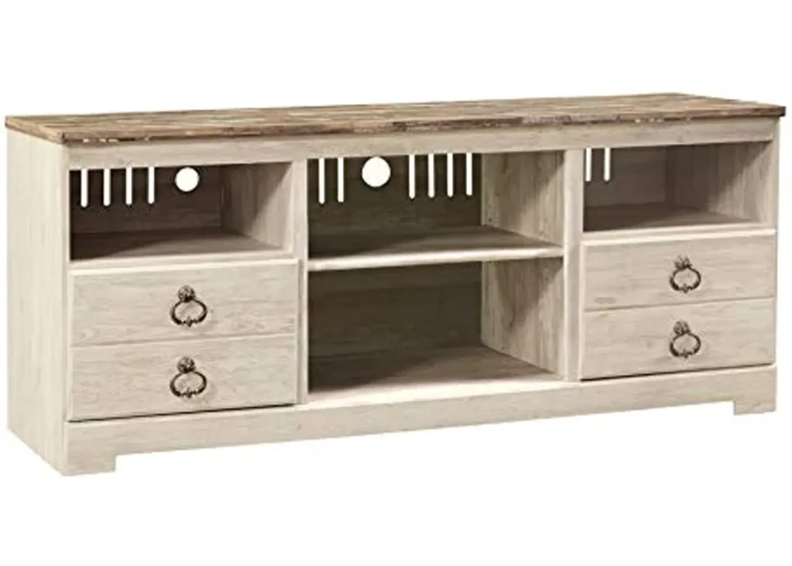 Signature Design by Ashley Willowton Farmhouse TV Stand With Fireplace Option Fits TVs up to 62" with 2 Drawers and 2 Storage Cubbies, Whitewash