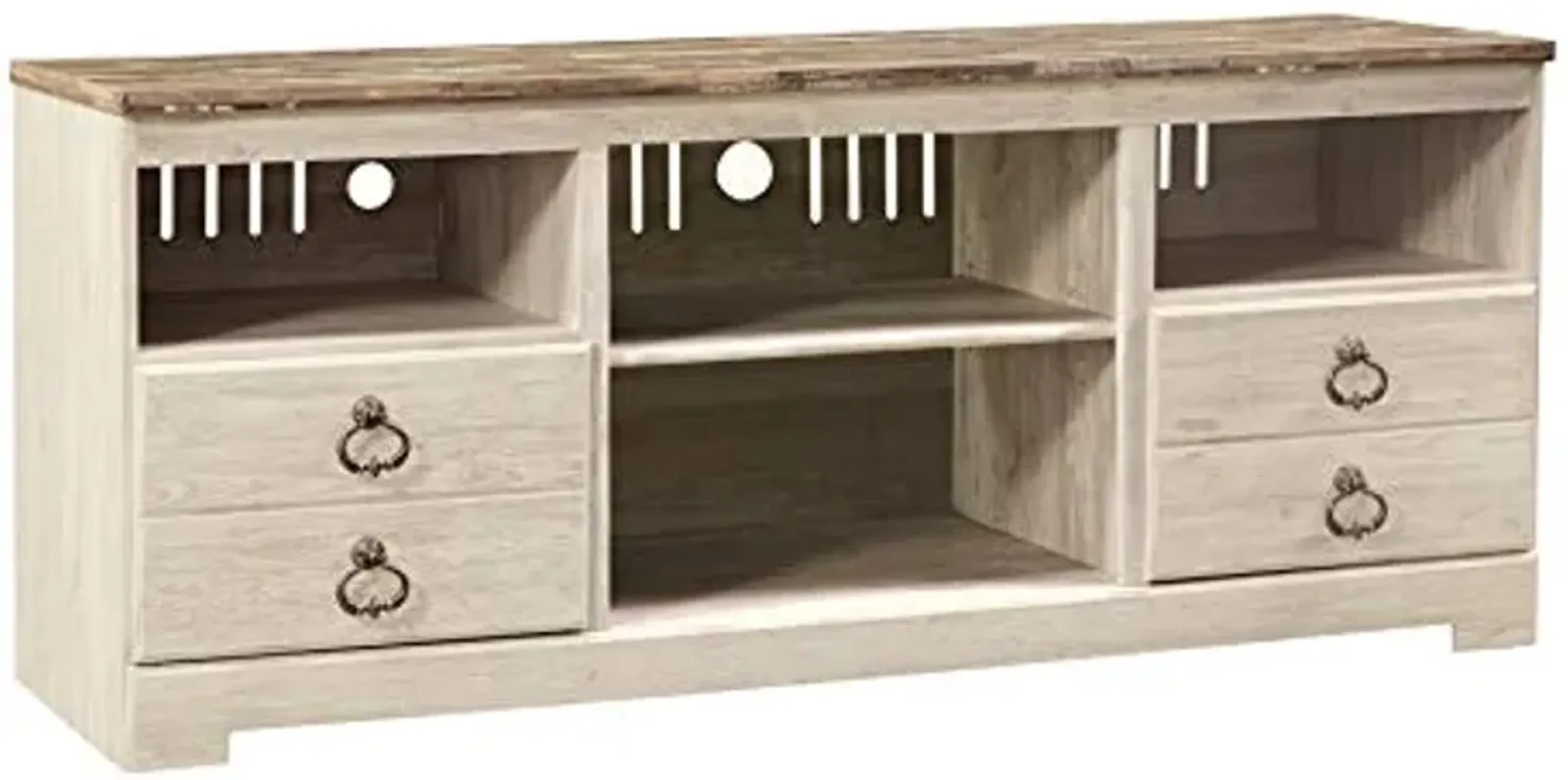 Signature Design by Ashley Willowton Farmhouse TV Stand With Fireplace Option Fits TVs up to 62" with 2 Drawers and 2 Storage Cubbies, Whitewash