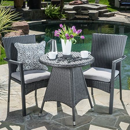 Christopher Knight Home Georgina Outdoor Wicker Dining Set with Cushions, 3-Pcs Set, Grey