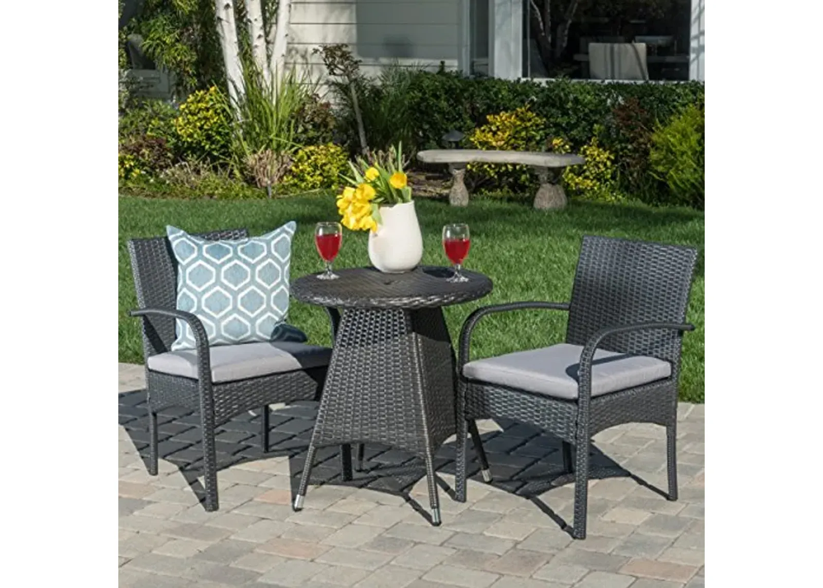 Christopher Knight Home Peterson Outdoor Wicker Bistro Set with Cushions, 3-Pcs Set, Grey