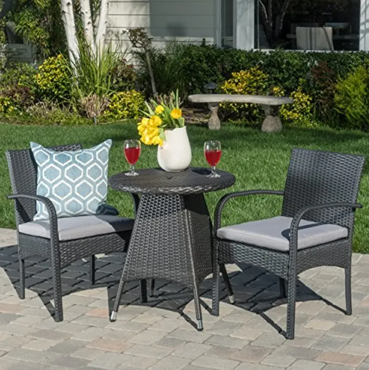 Christopher Knight Home Peterson Outdoor Wicker Bistro Set with Cushions, 3-Pcs Set, Grey