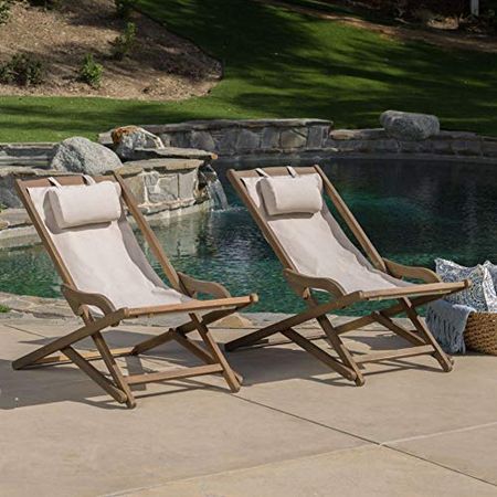 Christopher Knight Home Nikki Outdoor Wood and Canvas Sling Chairs, 2-Pcs Set, Beige