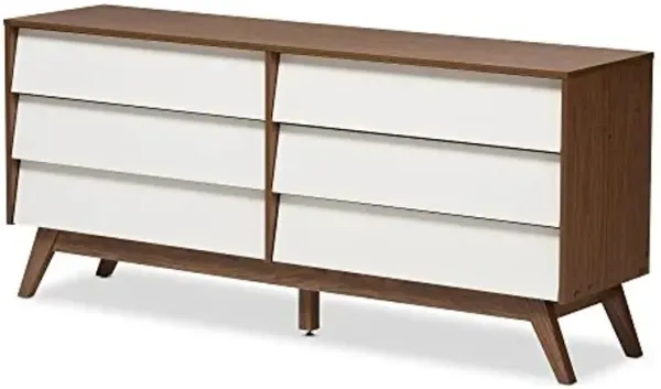Baxton Studio Herve Mid-Century Modern White & Walnut Wood, 6-Drawer Storage Dresser, White/Walnut Brown