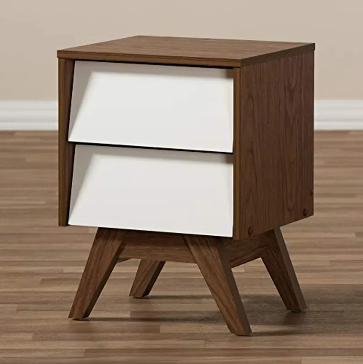 Baxton Studio Nightstands, 2-Drawer Storage Nightstand, White/Walnut Brown