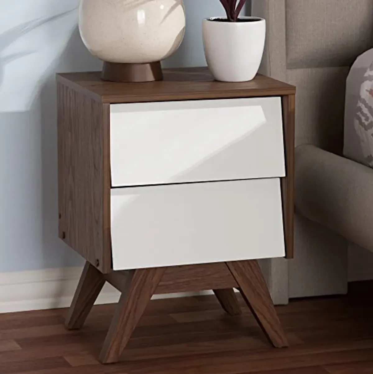 Baxton Studio Nightstands, 2-Drawer Storage Nightstand, White/Walnut Brown