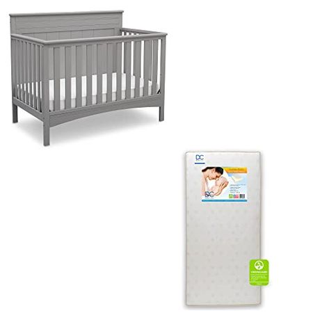 Delta Children Fancy 4-in-1 Crib, Grey with Twinkle Stars Crib & Fancy Crib & Mattress