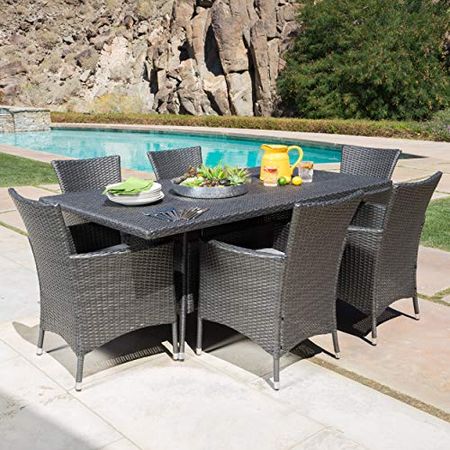 Christopher Knight Home Macalla | 7-Piece Wicker Outdoor Dining Set | Perfect for Patio | in Grey