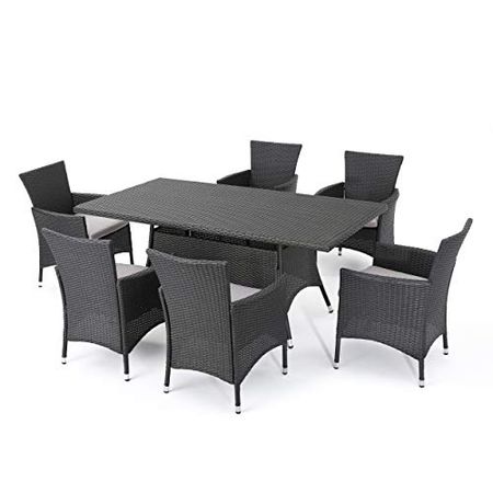 Christopher Knight Home Macalla | 7-Piece Wicker Outdoor Dining Set | Perfect for Patio | in Grey