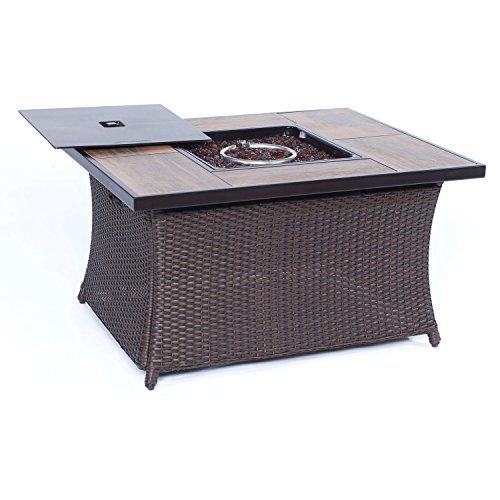 Hanover COFFEETBLFP-WG Woven 40,000 BTU Fire Pit Coffee Table Outdoor Furniture, 43.8" x 35.8" Wood Grain, Brown
