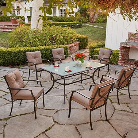 Hanover Palm Bay Patio Rectangular Glass-Top Table and 6 Plush Cushioned Chairs, Modern Weather Resistant Outdoor Furniture with Sturdy Bronze Frames, 7 Piece Dining Set, Steel/Tan