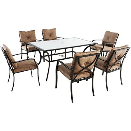 Hanover Palm Bay Patio Rectangular Glass-Top Table and 6 Plush Cushioned Chairs, Modern Weather Resistant Outdoor Furniture with Sturdy Bronze Frames, 7 Piece Dining Set, Steel/Tan