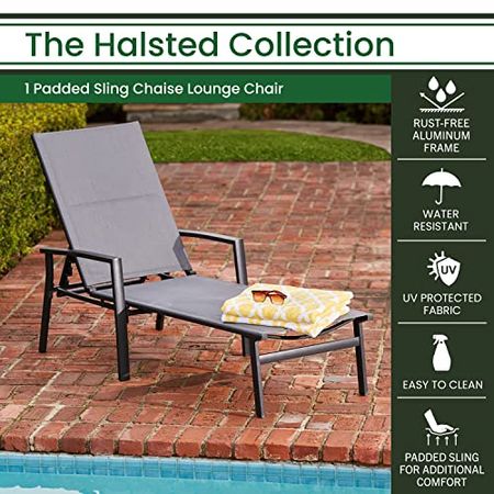 Hanover Halsted Padded Sling Chaise Lounge Chair Modern Luxury Outdoor Furniture for Patio, Backyard, Poolside Rust-Proof Aluminum Frame Weather-Resistant HALSTEDCHS-AL, Black
