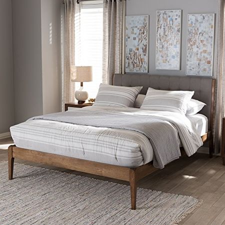 Baxton Studio Denise Mid-Century Wood Platform Bed, Full, Light Grey/Medium Walnut Brown