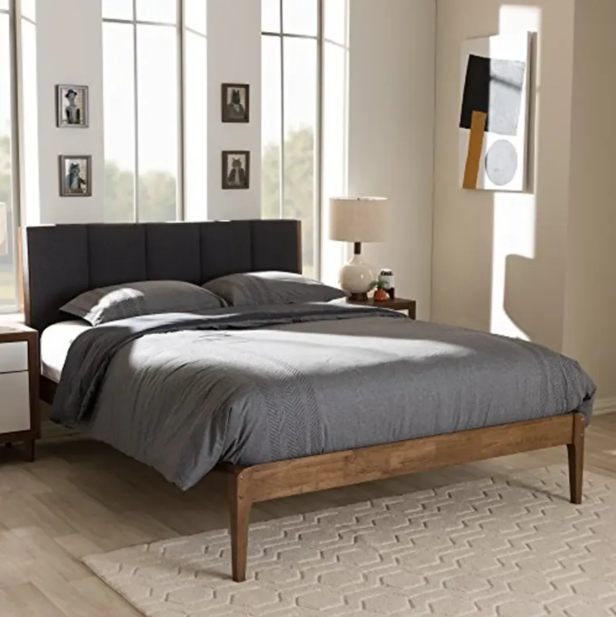 Baxton Studio Bella Mid-Century Wood Platform Bed, King, Dark Grey/Medium Walnut Brown