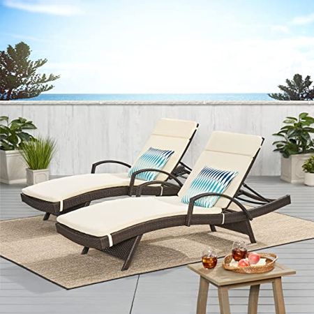 Christopher Knight Home Salem Outdoor Wicker Adjustable Chaise Lounges with Arms, with Cushions, 2-Pcs Set, Multibrown / Ivory