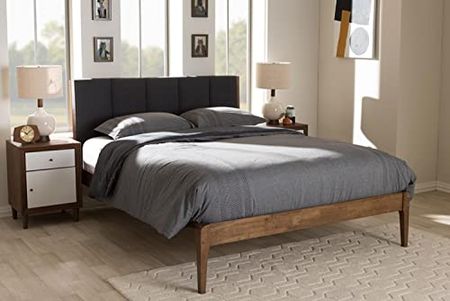 Baxton Studio Ember Mid-Century Dark Grey Fabric and Medium Brown Finish Wood Full Size Platform Bed