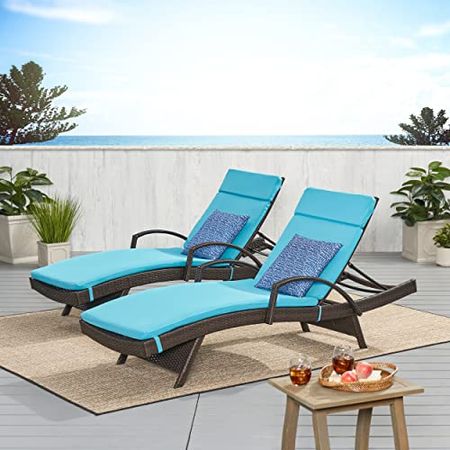 Christopher Knight Home Salem Outdoor Wicker Adjustable Chaise Lounges with Arms, with Cushions, 2-Pcs Set, Multibrown / Blue