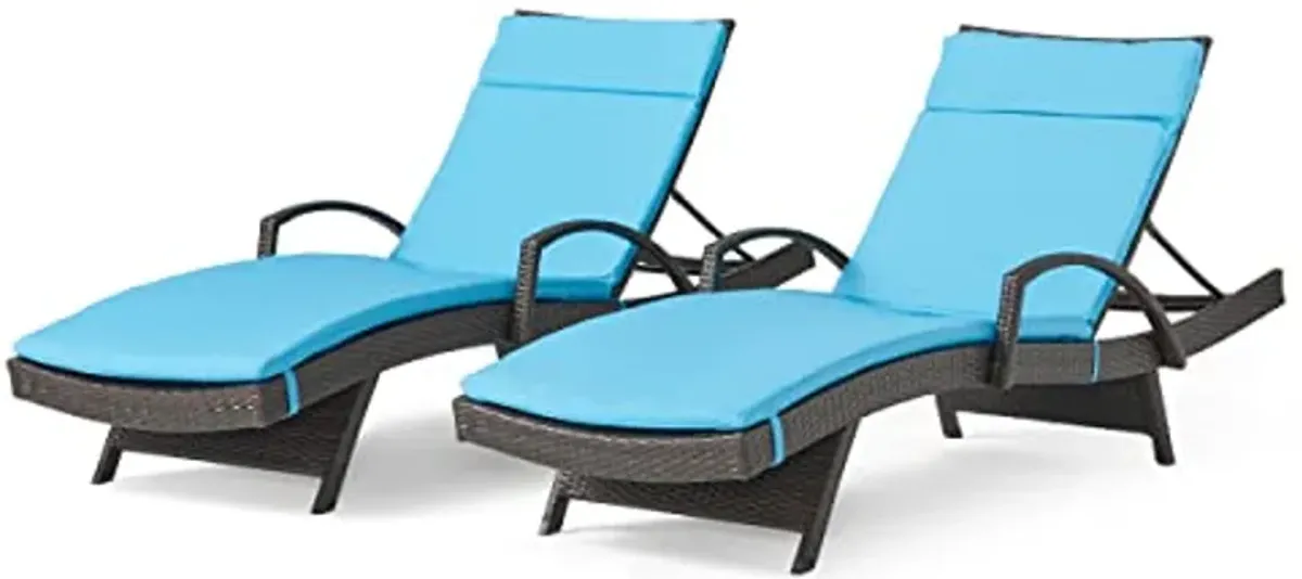 Christopher Knight Home Salem Outdoor Wicker Adjustable Chaise Lounges with Arms, with Cushions, 2-Pcs Set, Multibrown / Blue