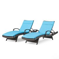 Christopher Knight Home Salem Outdoor Wicker Adjustable Chaise Lounges with Arms, with Cushions, 2-Pcs Set, Multibrown / Blue